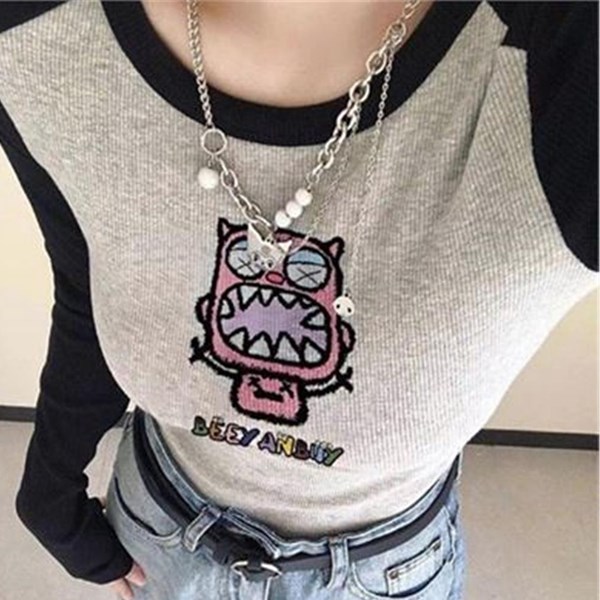 Siyah Raglan Kollu Beey Anbuy Cute Monster Gri Melanj Uzun Kollu Crop