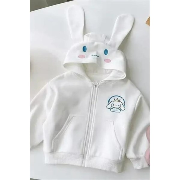 Beyaz Anime Cinnamoroll Kulaklı Face Fermuarlı Kapüşonlu Sweatshirt