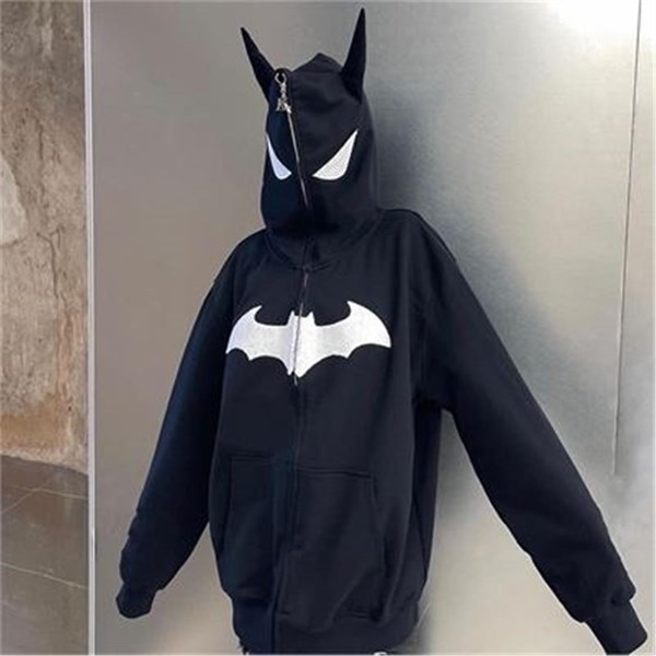 Siyah Batman Kulak Detaylı Fermuarlı (Unisex) Kapüşonlu Sweatshirt