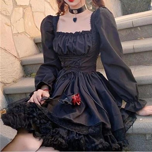 Siyah Balon Uzun Kol Gothic Dantel Detaylı Elbise